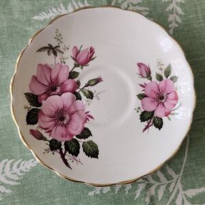 Vintage Cottagecore Floral Pink Tea Rose Crown Bone China Saucer
